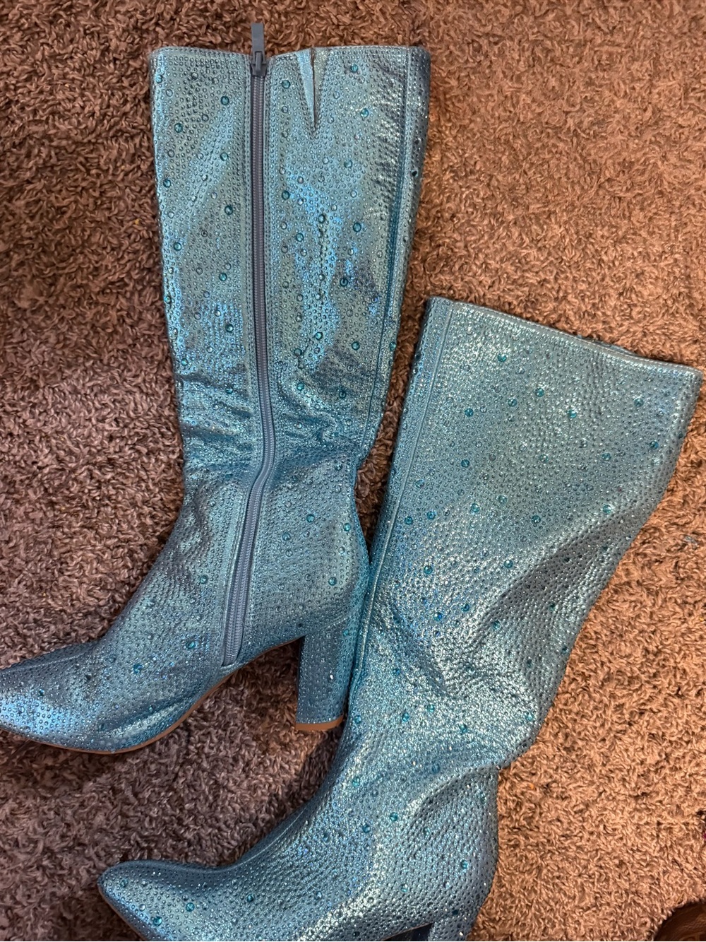 Metallic Blue Embellished Mid-Calf Heeled Boots